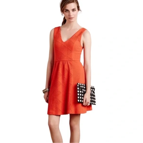 Maeve Anthropologie Red Fit And Flare V-Neck Cocktail Dress By Antropologe